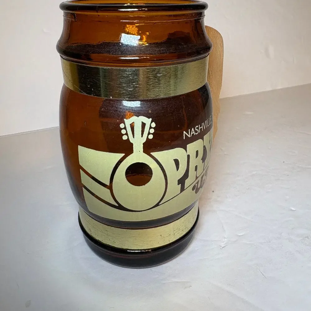 Vintage Opryland Souvenir Brown Glass Barrel Mug Wood Handle